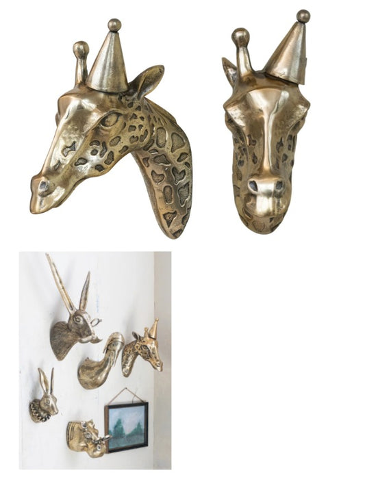 Cast Aluminum Giraffe Head with Party Hat Wall Décor