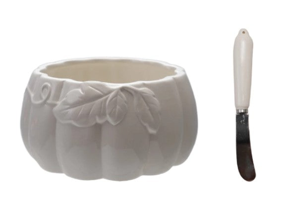Ceramic Pumpkin Shaped Bowl with Canape Knife, Boxed Set of 2