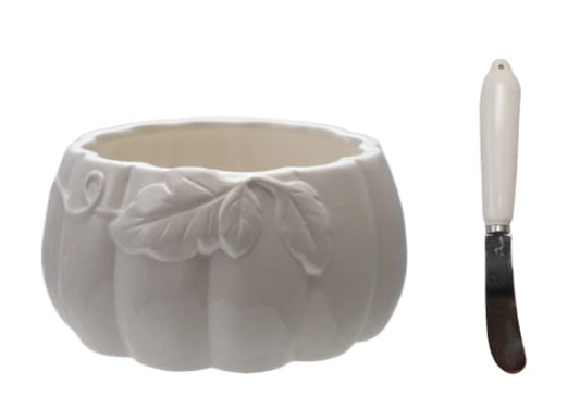 Ceramic Pumpkin Shaped Bowl with Canape Knife, Boxed Set of 2