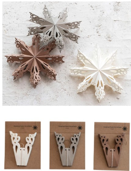 “Winter’s Favorite Trio” (Handmade Edition) Recycled Paper Folding Snowflake Ornament, Set of 3 Colors